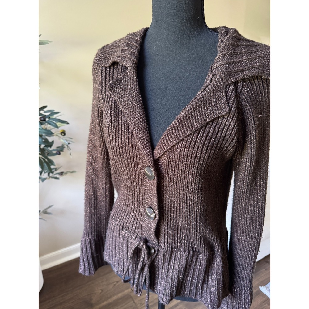 J. Jill Brown Ribbed Knit Cardigan Notched Collar Drawstring Waist Sweater Small - Picture 3 of 4